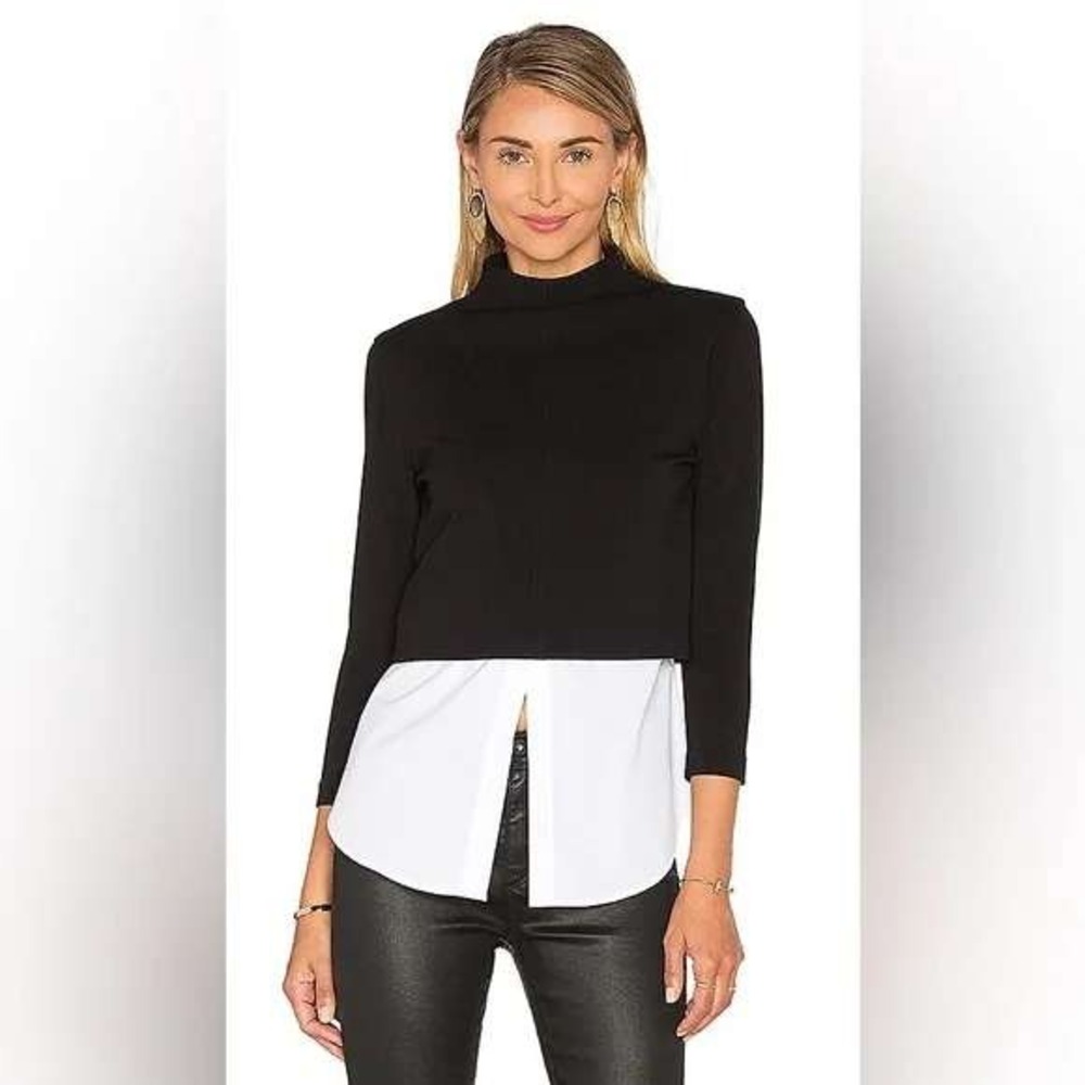 Theory Gracila Fixture Ponte Mock Neck Layered Look Top Black White Size M
